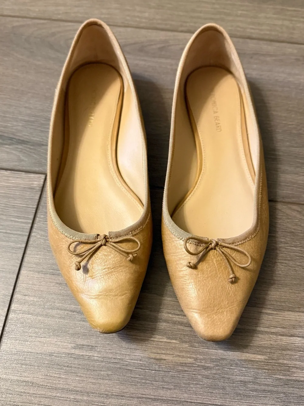 Veronica Beard Tan Pointed-Toe Leather Ballet Flats with Bow